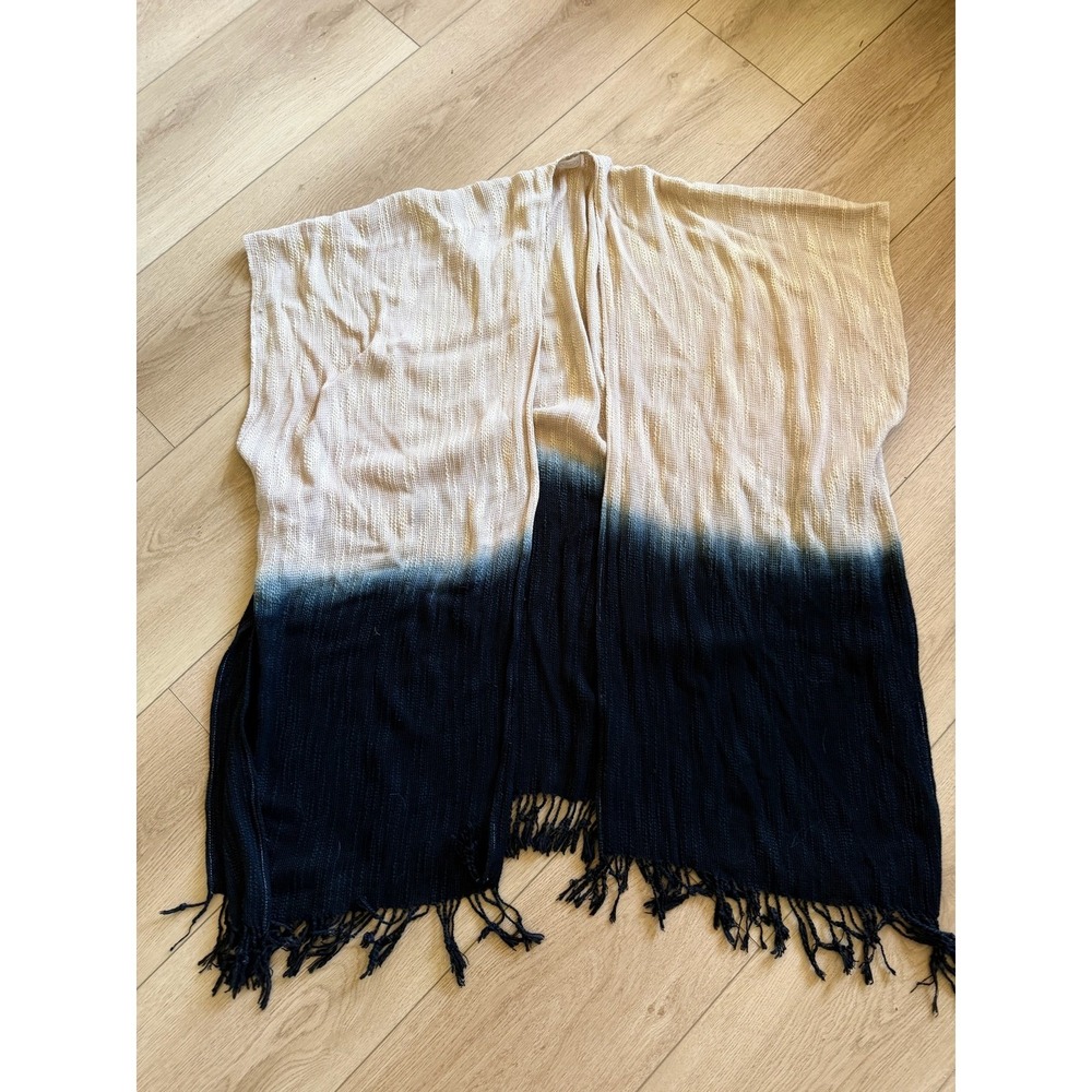Elizabeth Gillett Dip-Dye Kimono Wrap Navy BLK Cream Fringe Poncho One Size x123